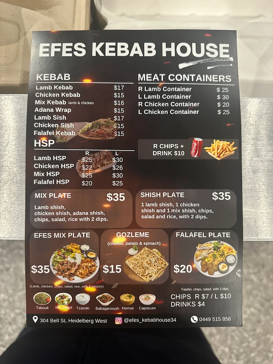 Menu, Efes Kebab House
