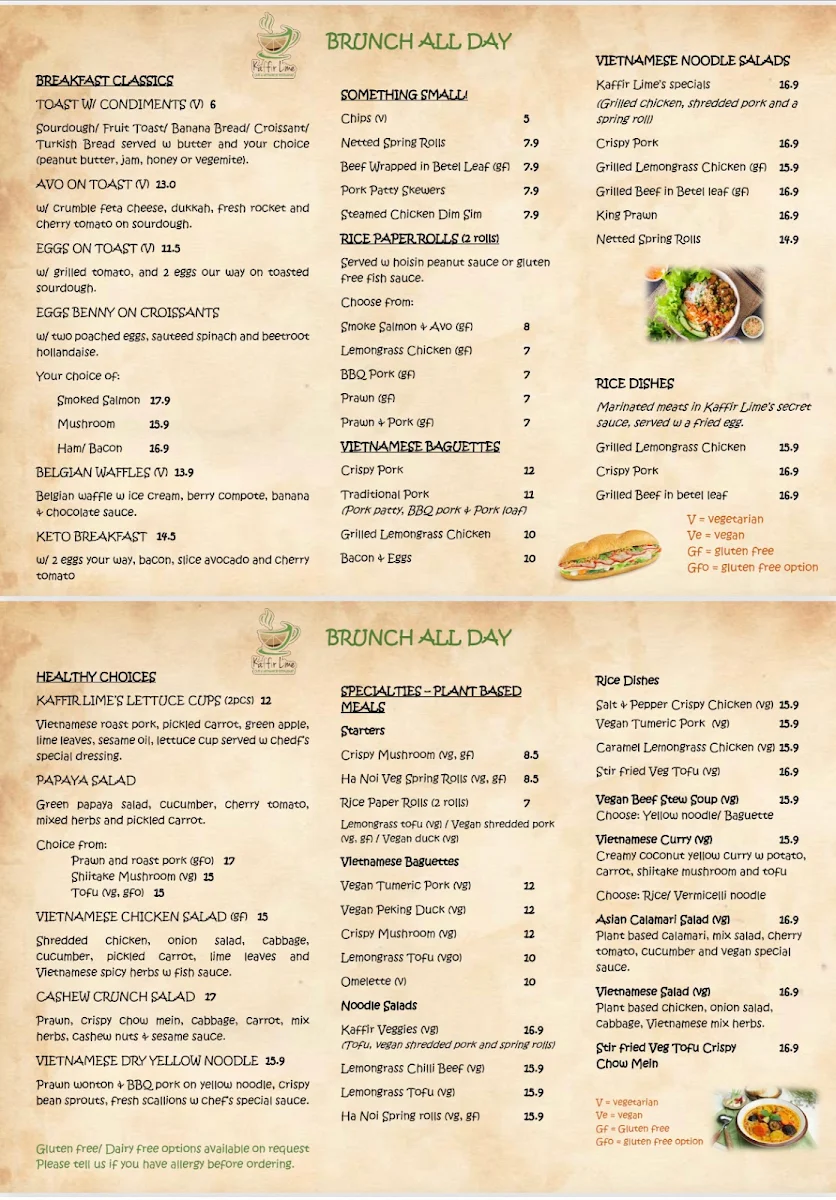 Menu, Kaffir Lime Cafe & Vietnamese Restaurant