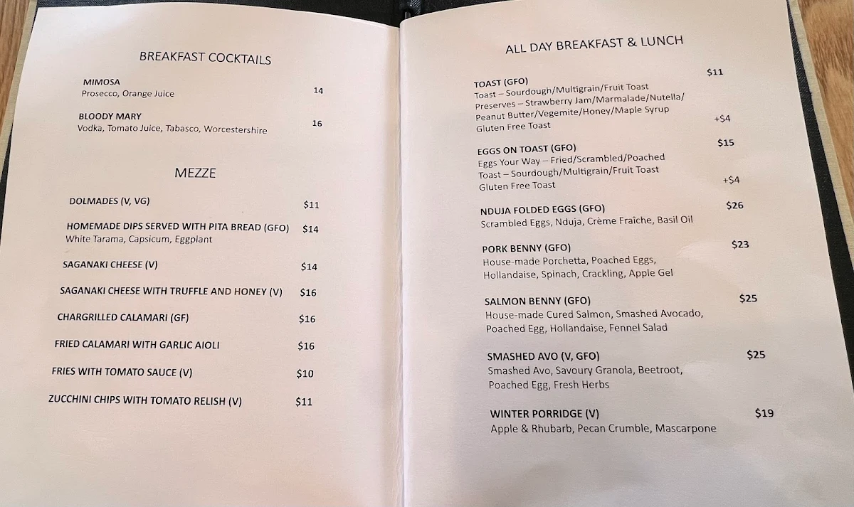 Menu, Bistro One