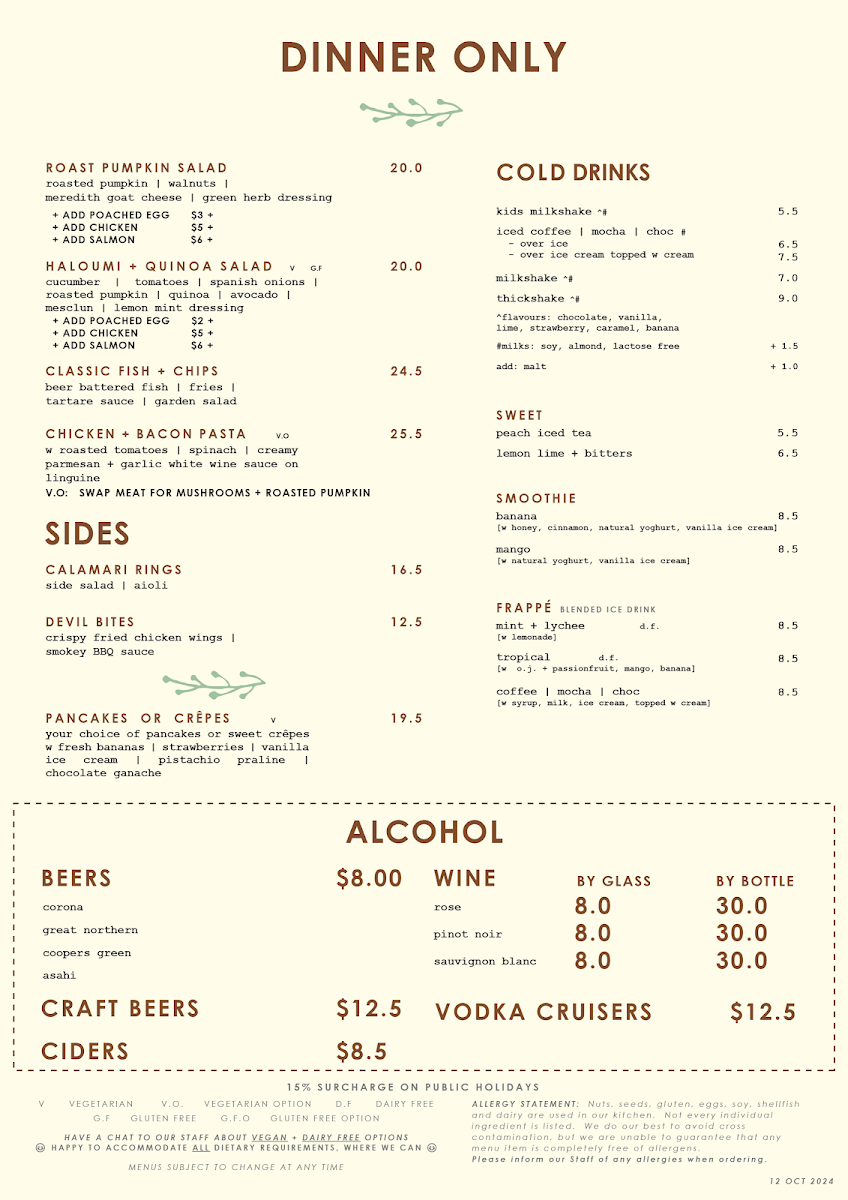 Menu, Moselle's Café + Restaurant