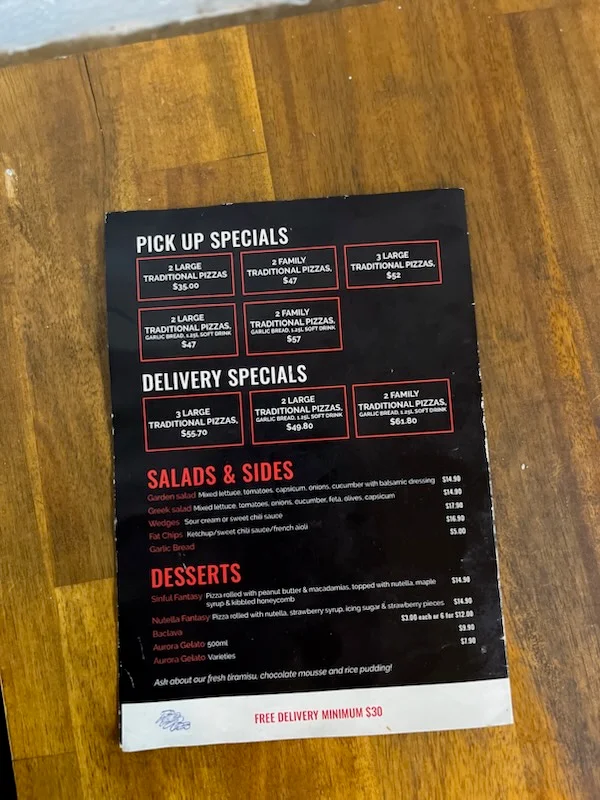 Menu, Torino Pizza