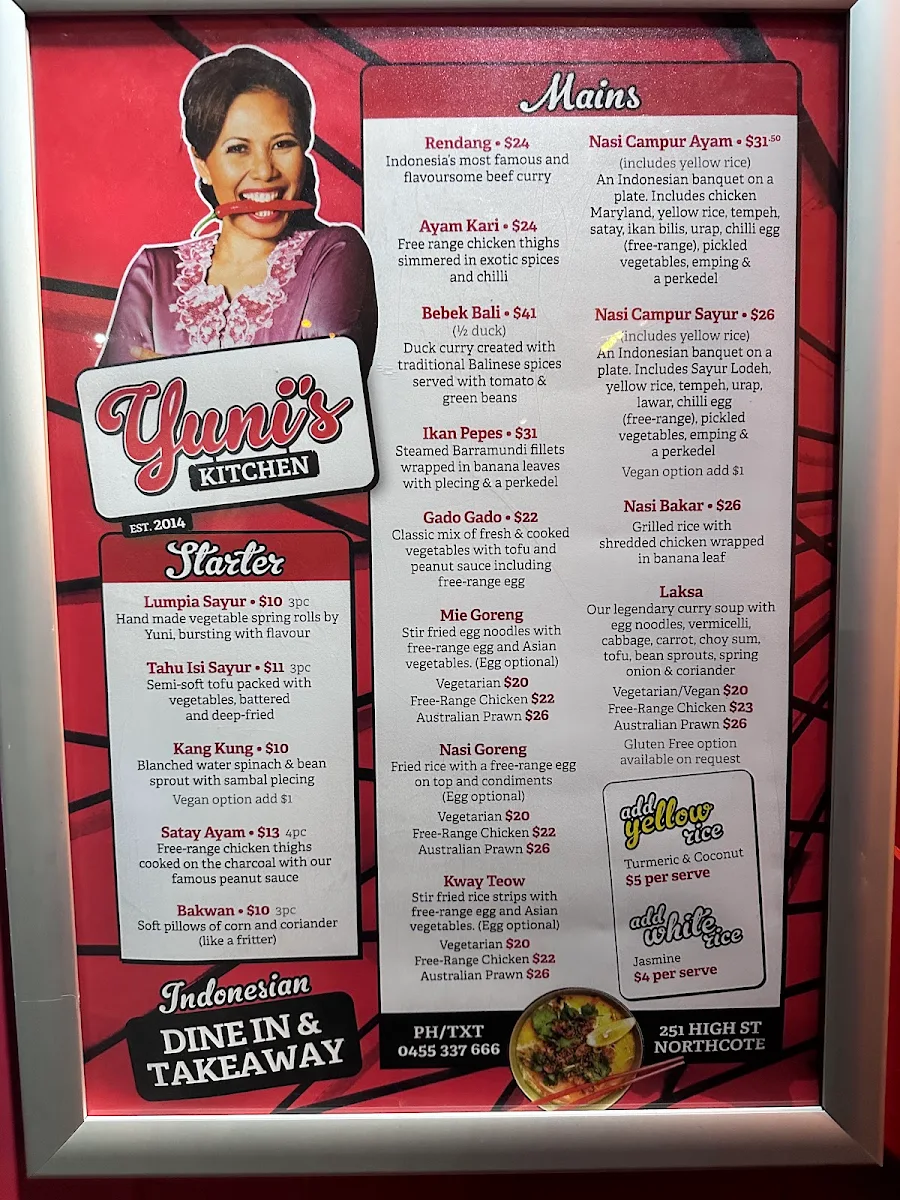Menu, Yuni's Kitchen