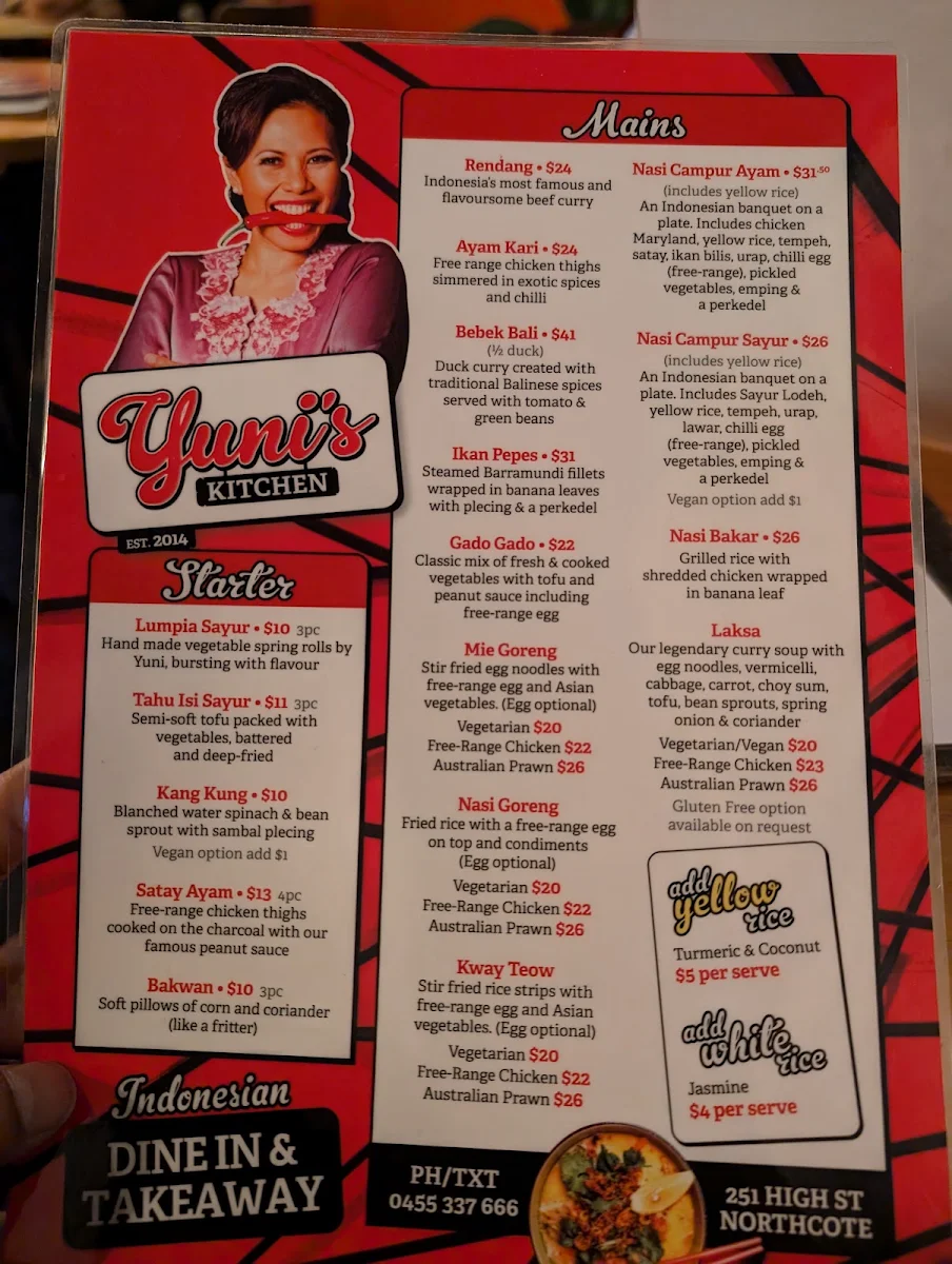 Menu, Yuni's Kitchen