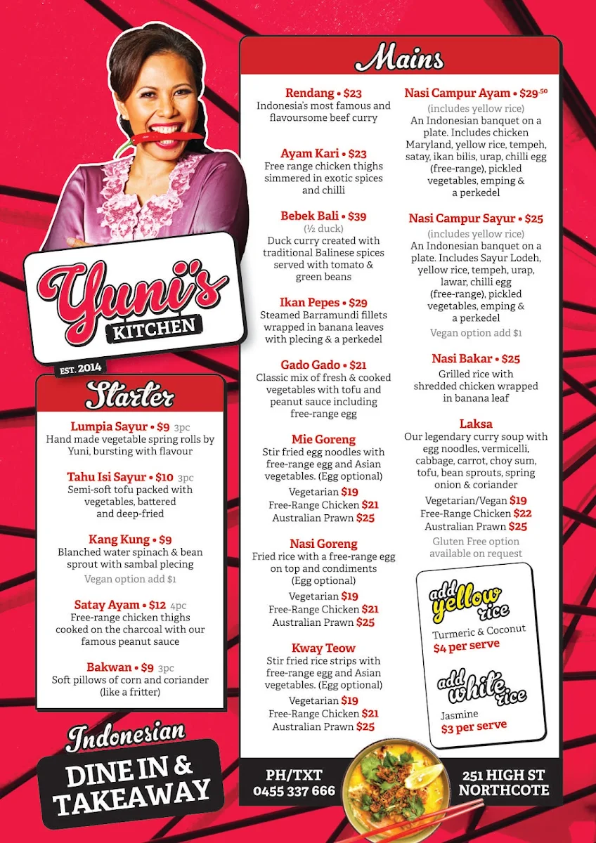 Menu, Yuni's Kitchen
