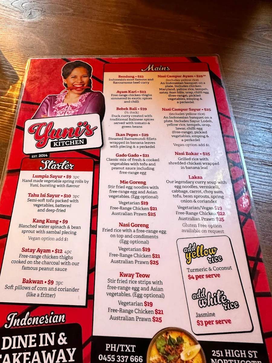 Menu, Yuni's Kitchen
