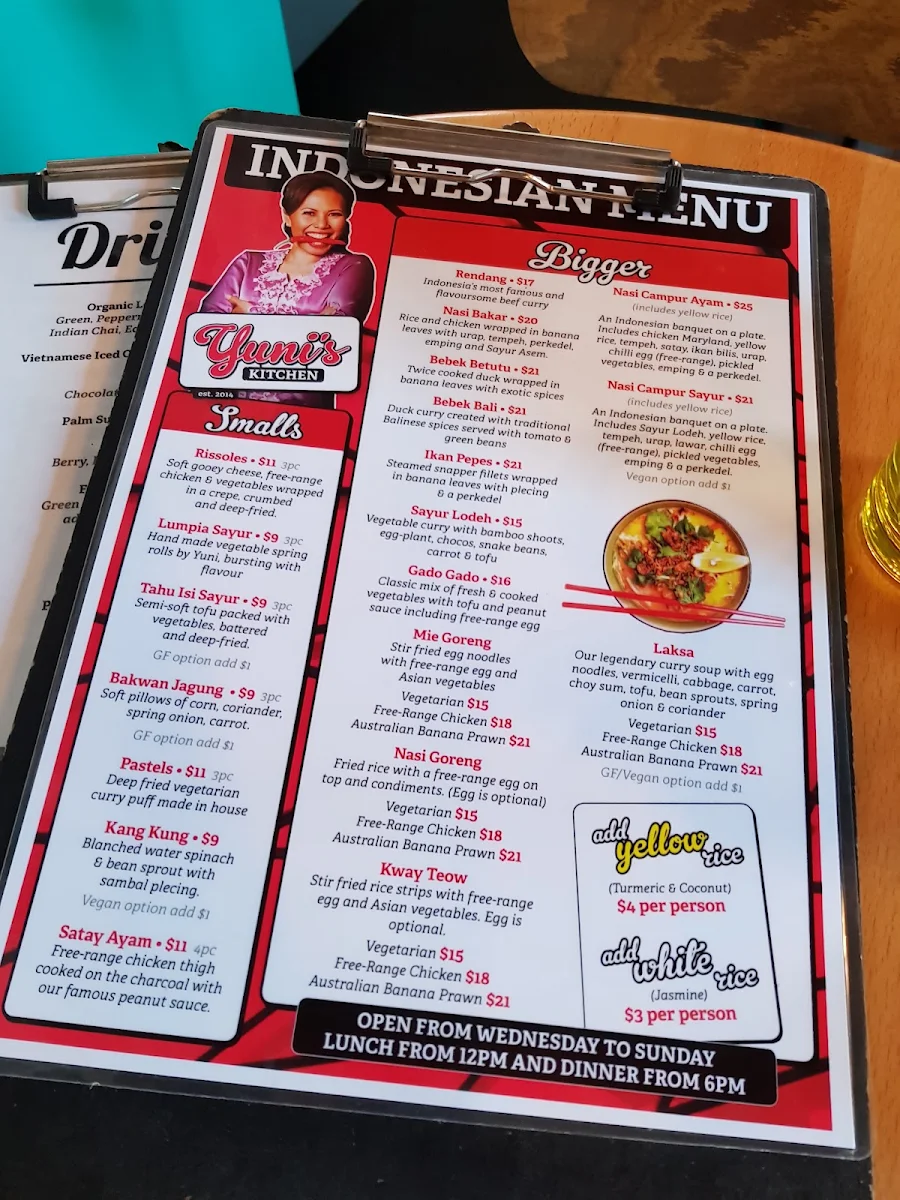 Menu, Yuni's Kitchen