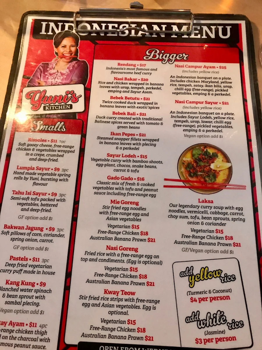 Menu, Yuni's Kitchen