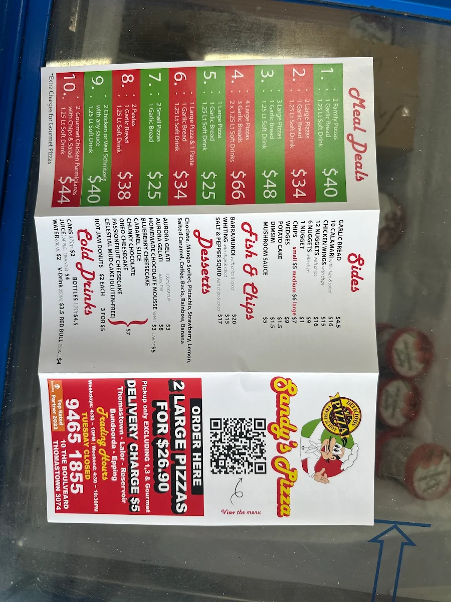 Menu, Sandy's Dial A Pizza