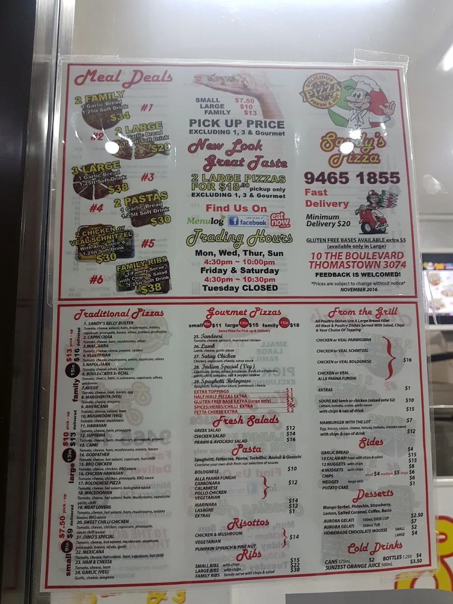 Menu, Sandy's Dial A Pizza