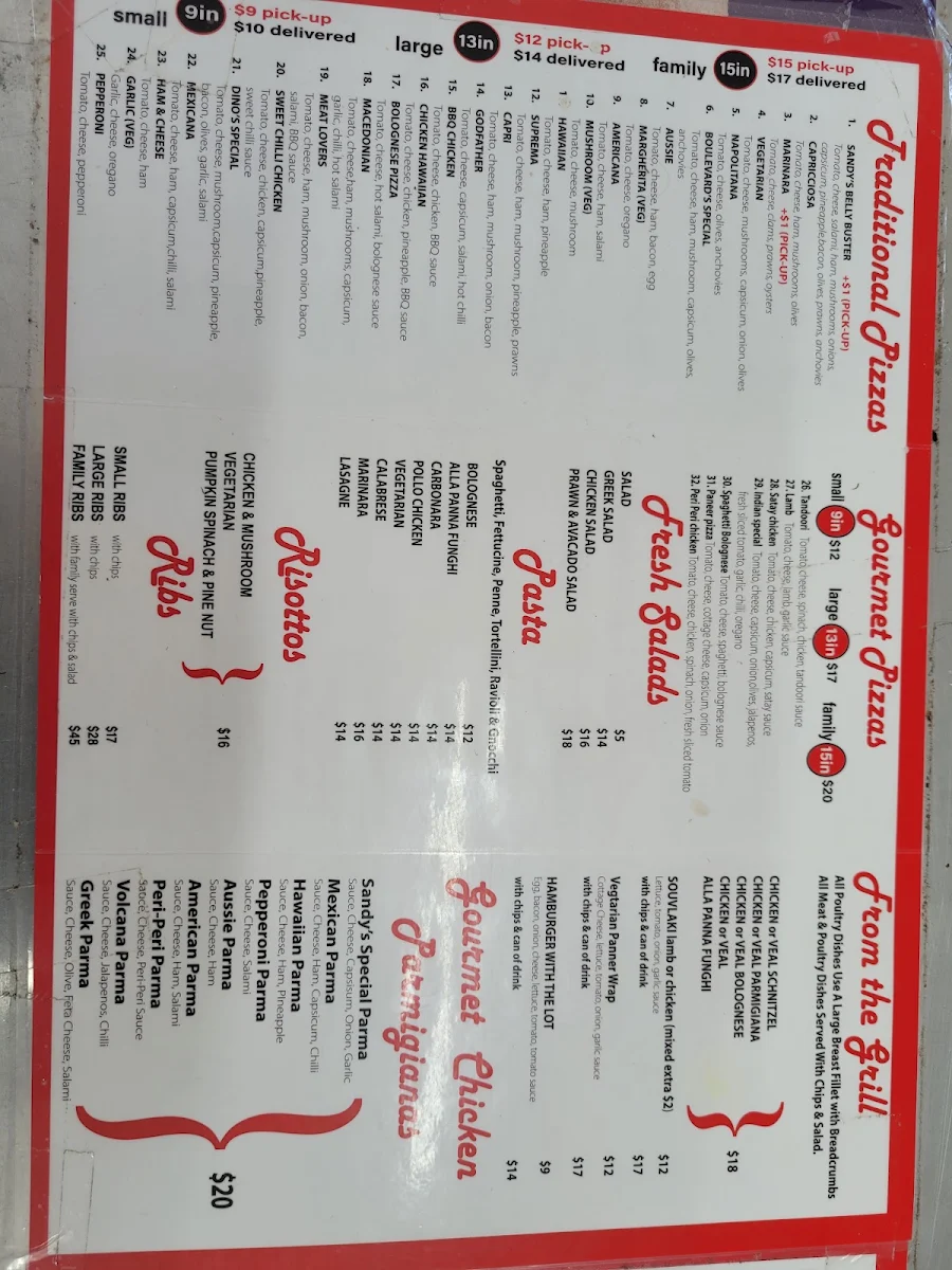 Menu, Sandy's Dial A Pizza