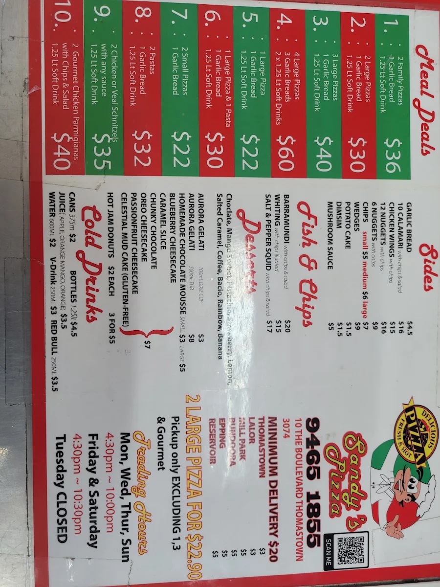 Menu, Sandy's Dial A Pizza