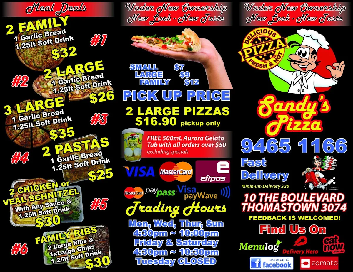 Menu, Sandy's Dial A Pizza
