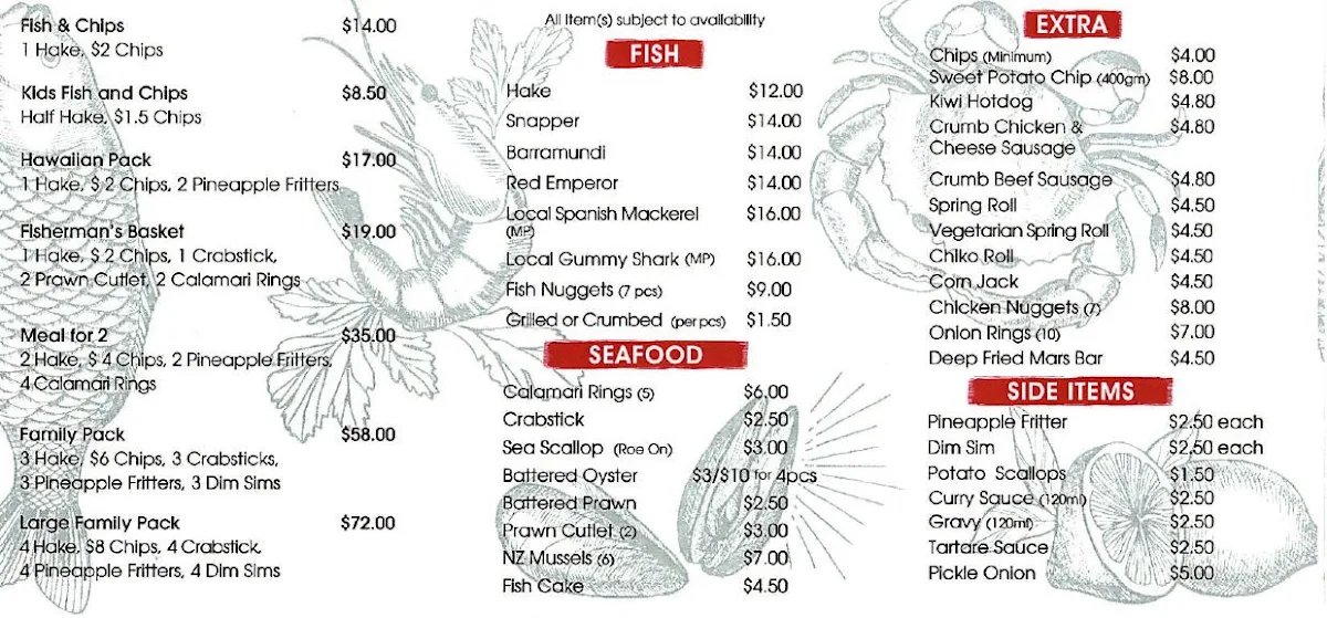 Menu, Beeliar Fish & Chips
