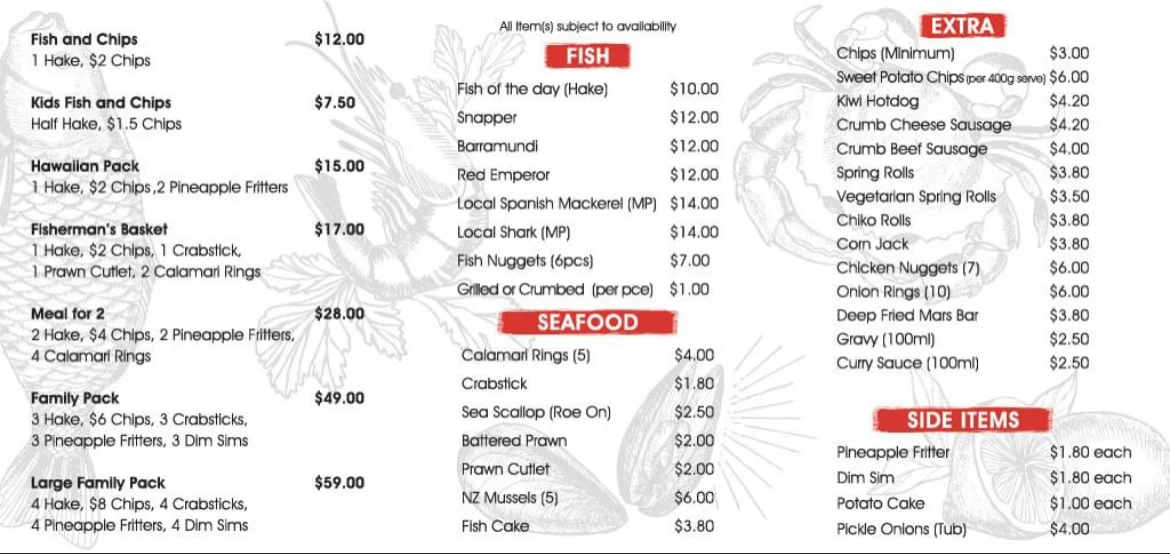 Menu, Beeliar Fish & Chips