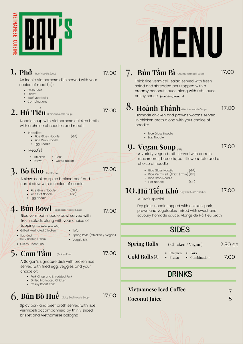 Menu, Bay's Vietnamese Cuisine