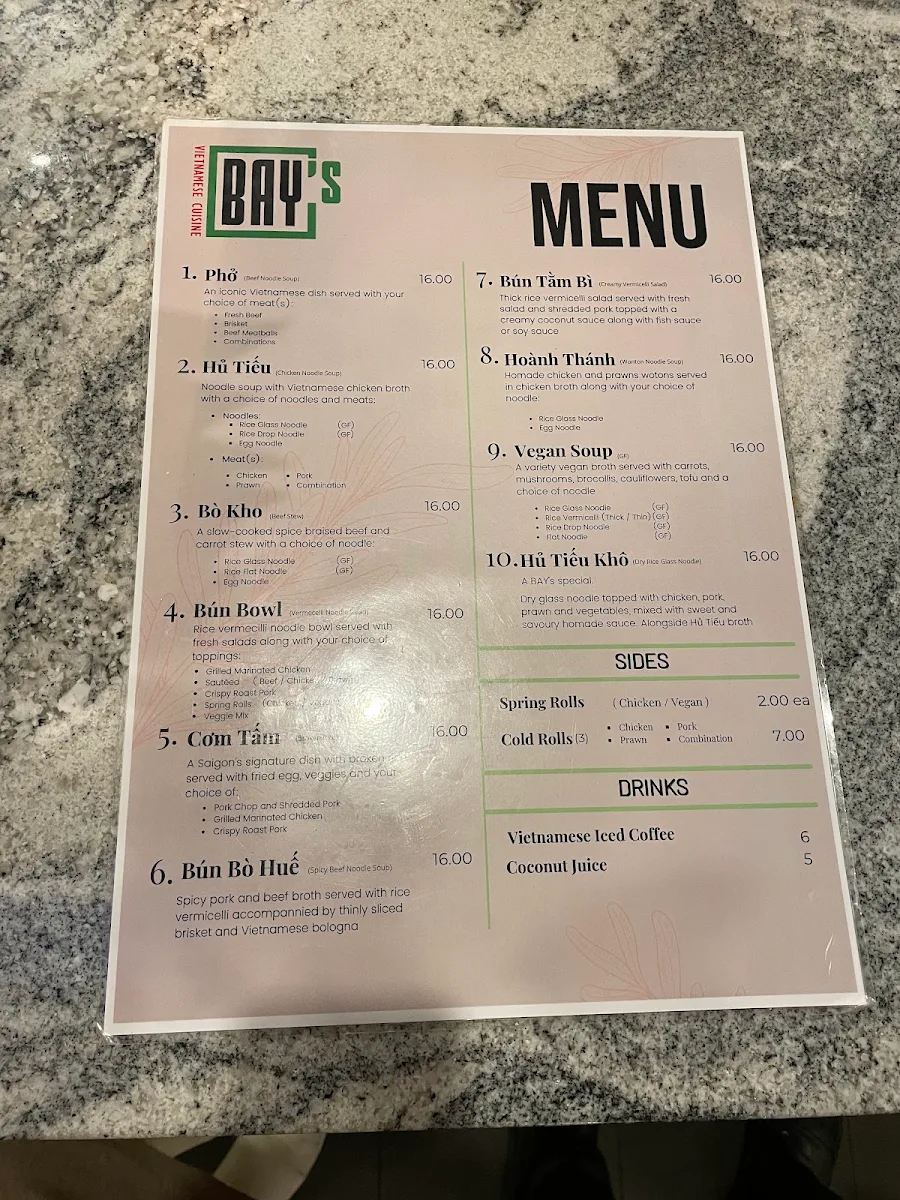 Menu, Bay's Vietnamese Cuisine