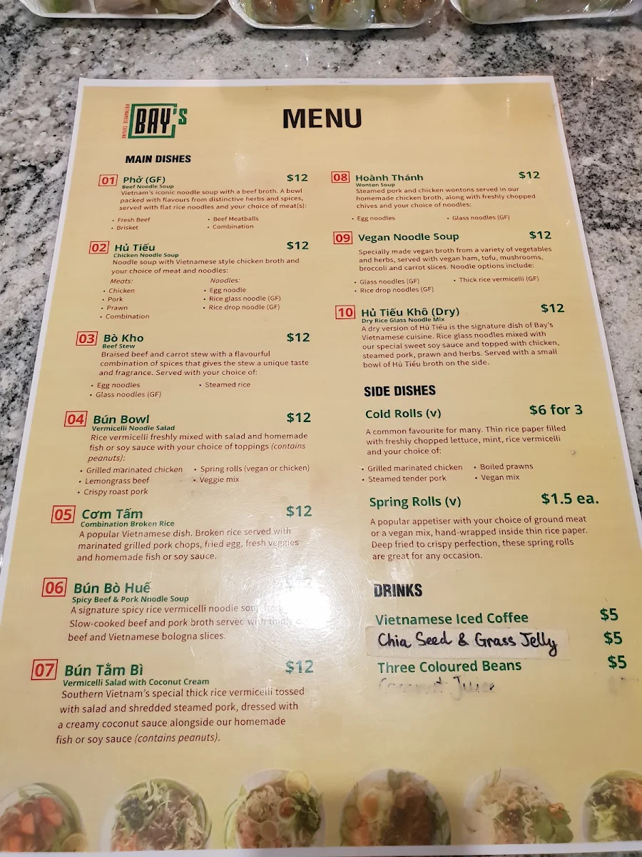 Menu, Bay's Vietnamese Cuisine