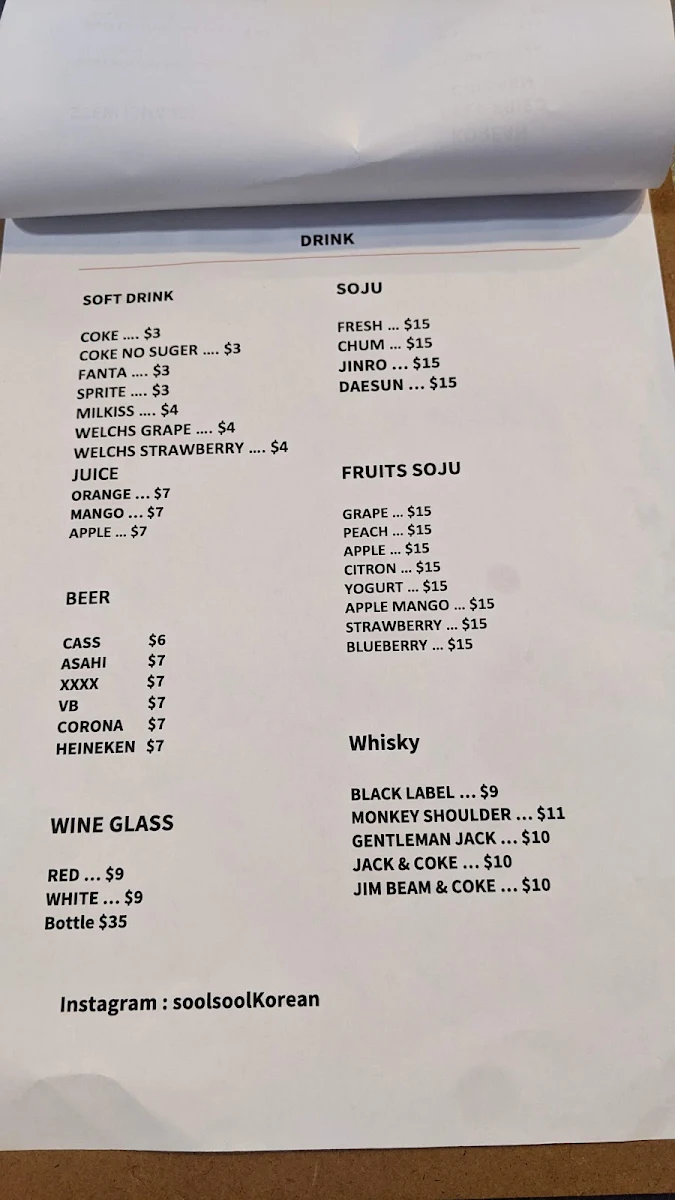 Menu, SoolSool Korean Bistro