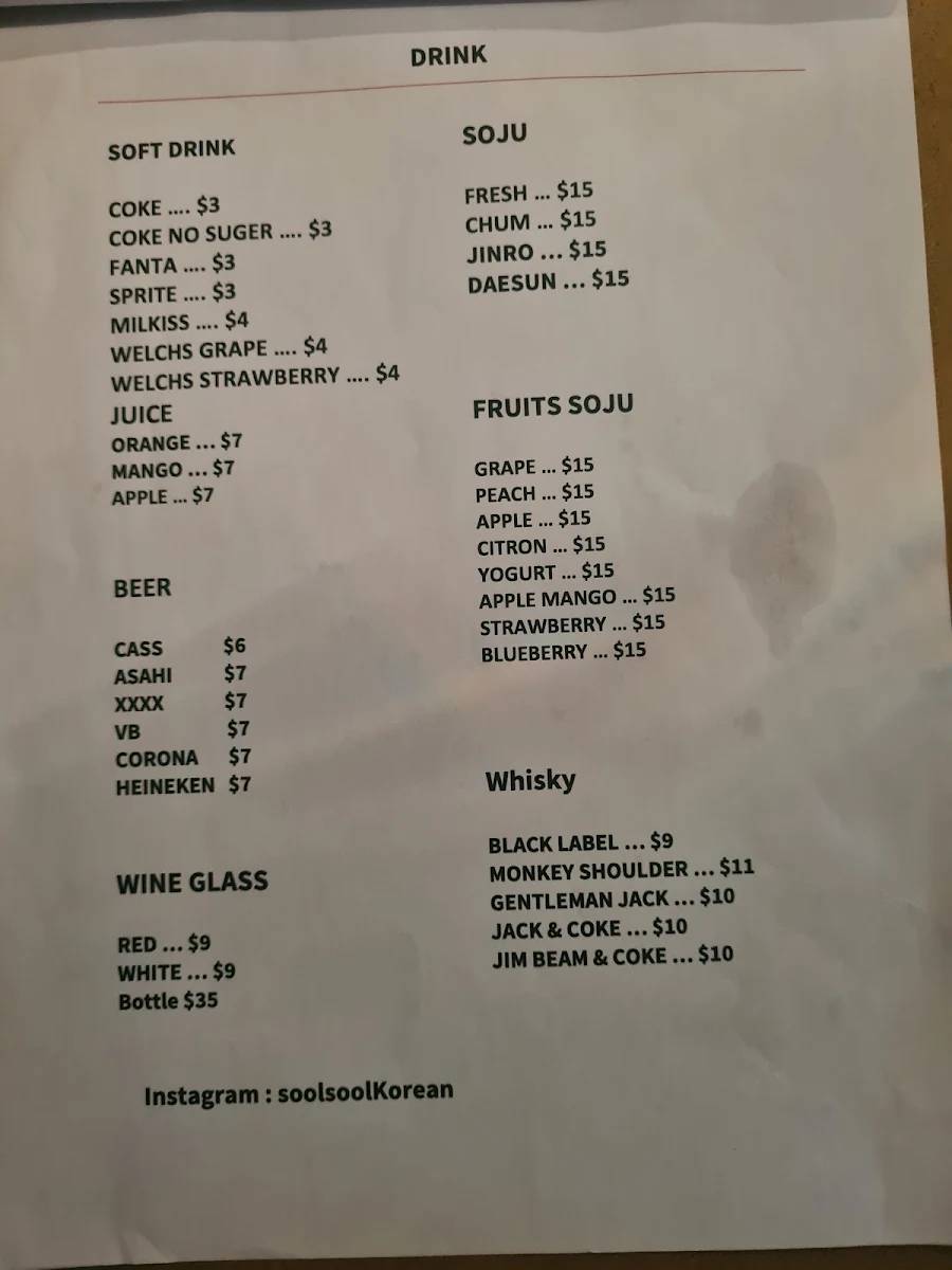 Menu, SoolSool Korean Bistro