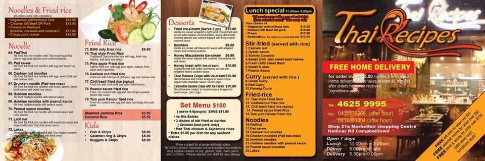 Menu, Thai Recipes Restaurant Campbelltown Marketfair