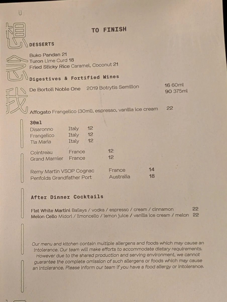 Menu, Miss Mi Restaurant & Bar
