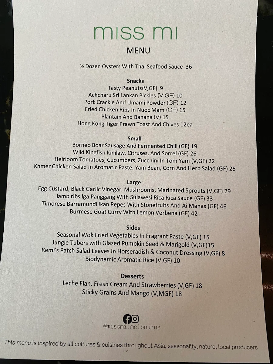 Menu, Miss Mi Restaurant & Bar