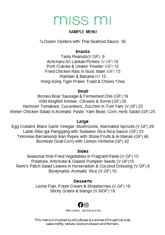 Menu, Miss Mi Restaurant & Bar