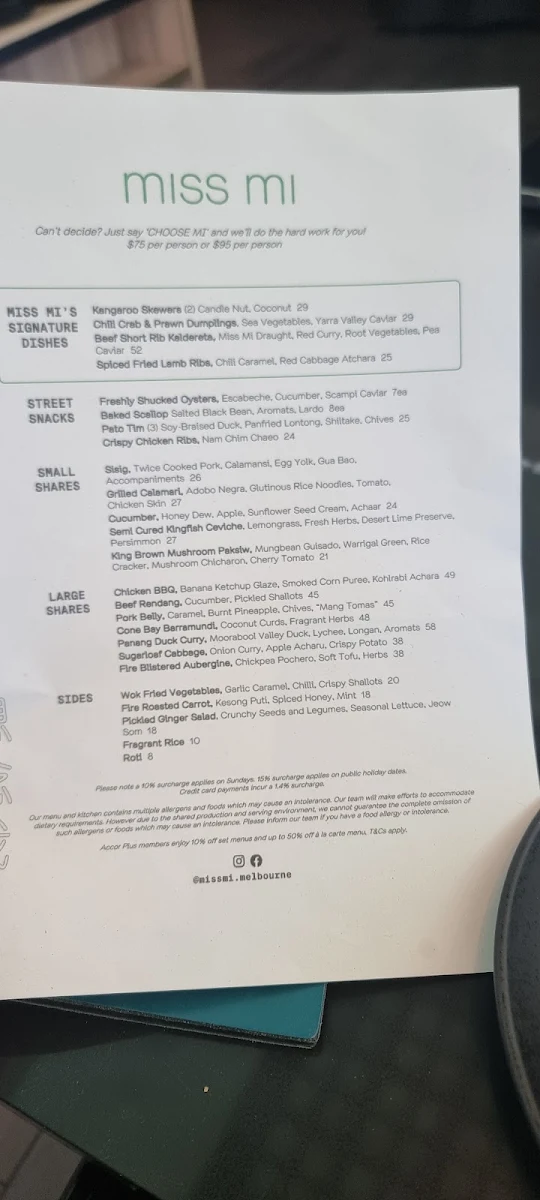 Menu, Miss Mi Restaurant & Bar