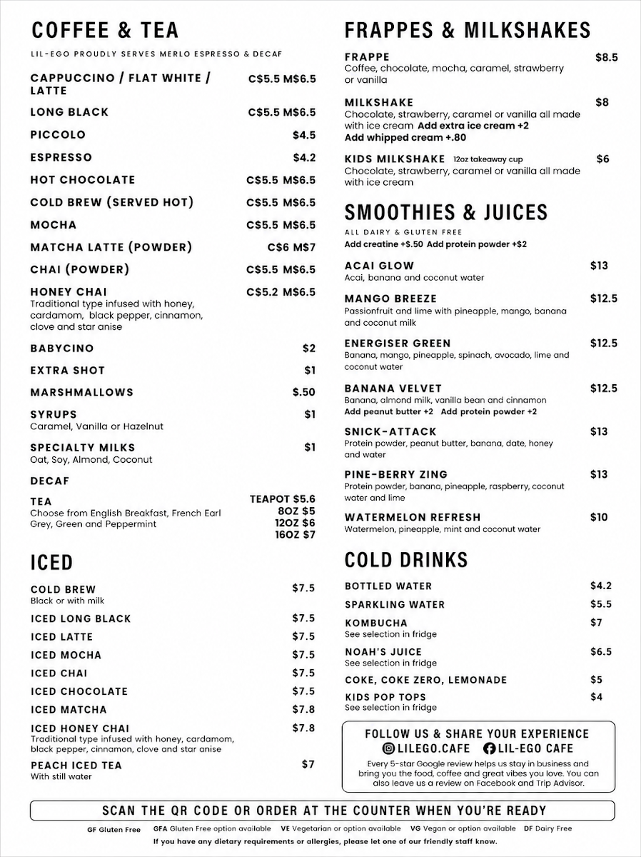 Menu, Lil-Ego Cafe