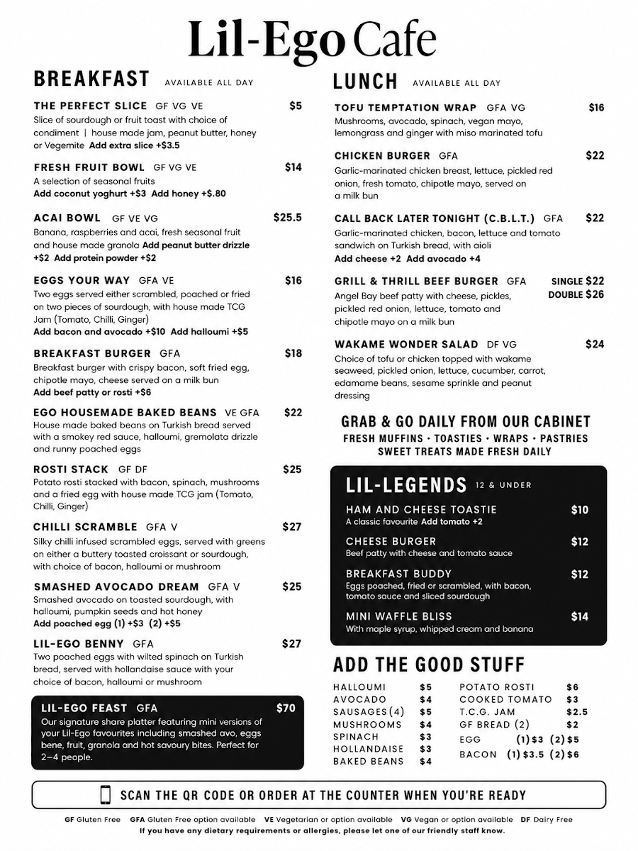 Menu, Lil-Ego Cafe