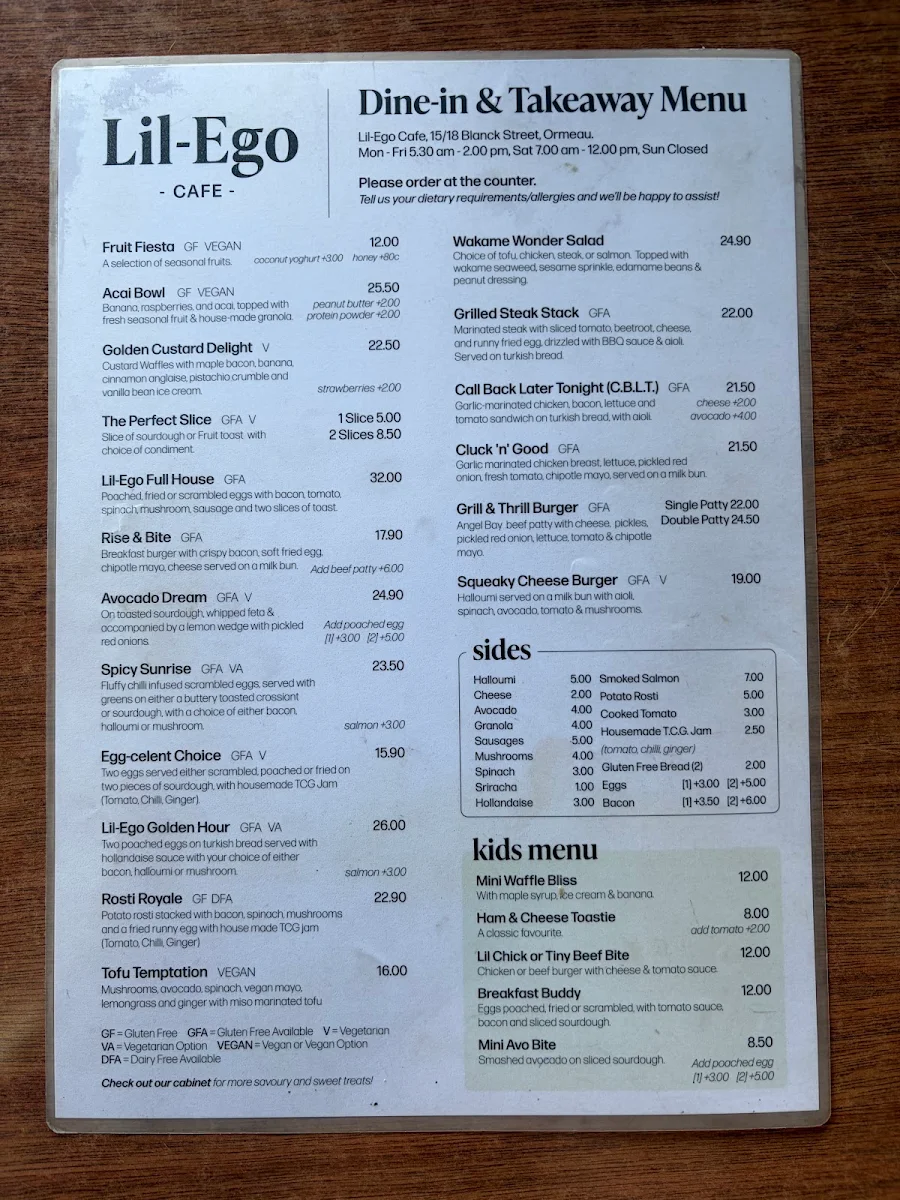 Menu, Lil-Ego Cafe
