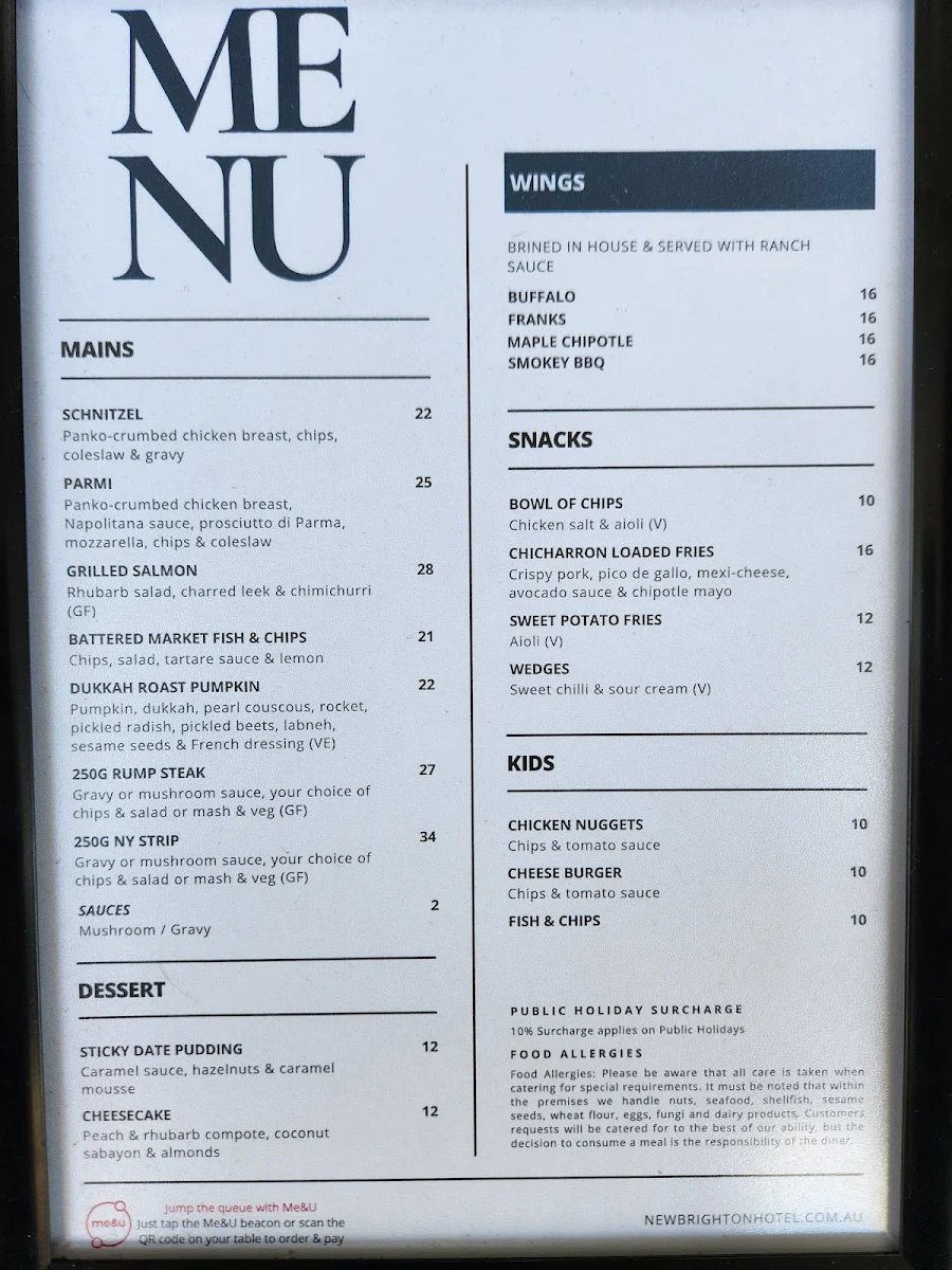 Menu, New Brighton Hotel