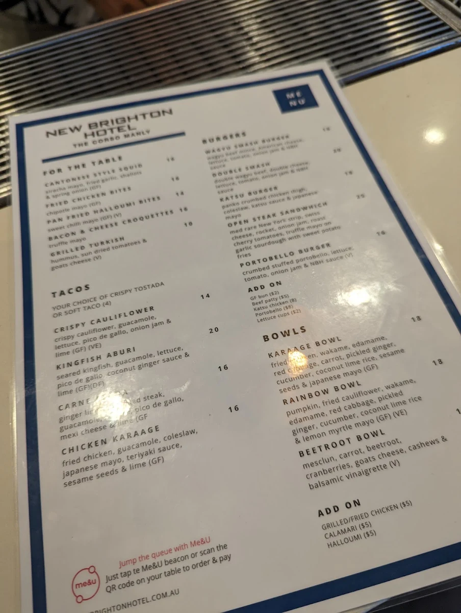 Menu, New Brighton Hotel