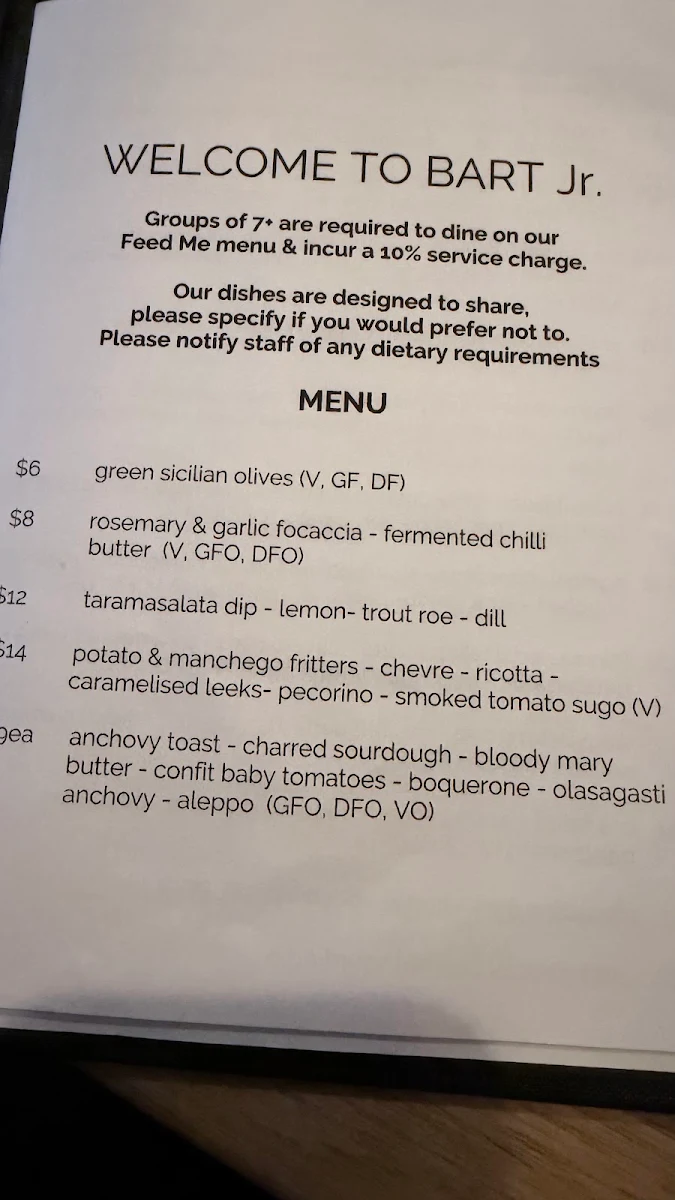 Menu, BART Jr.