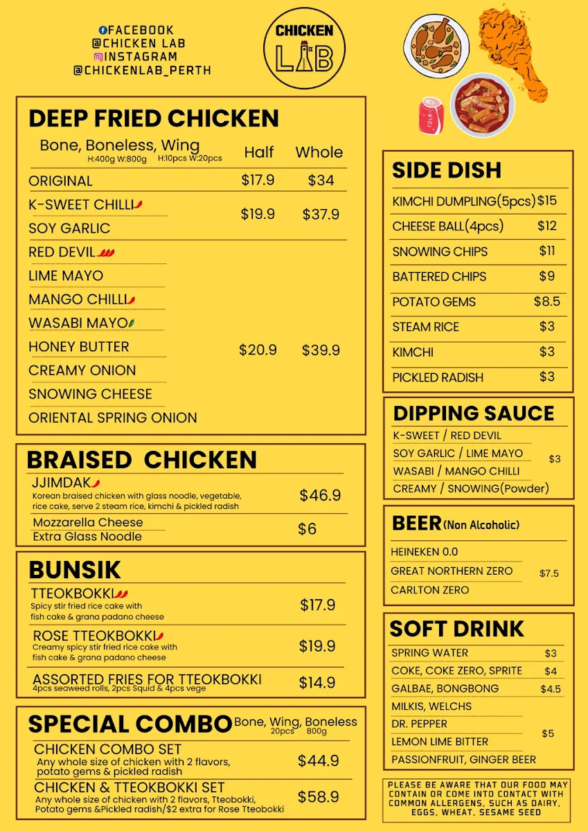 Menu, Chicken Lab Rivervale(korean fried chicken)