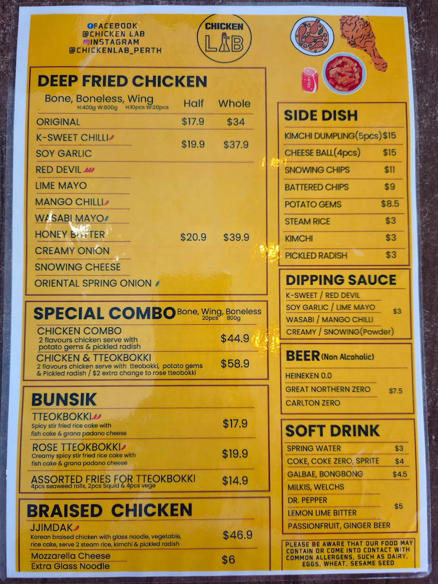 Menu, Chicken Lab Rivervale(korean fried chicken)