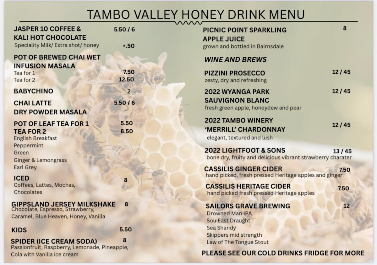Menu, Tambo Valley Honey