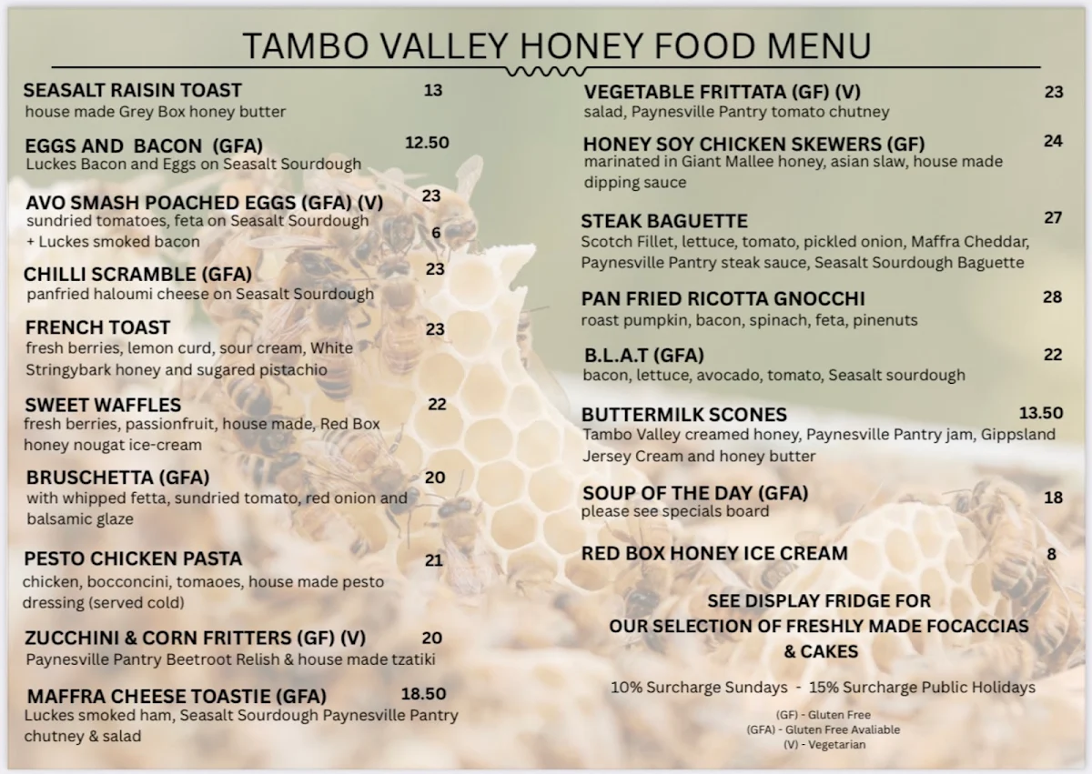 Menu, Tambo Valley Honey