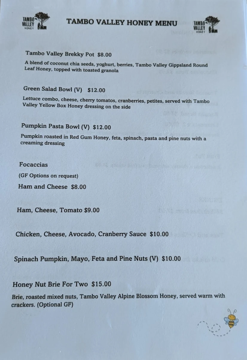 Menu, Tambo Valley Honey