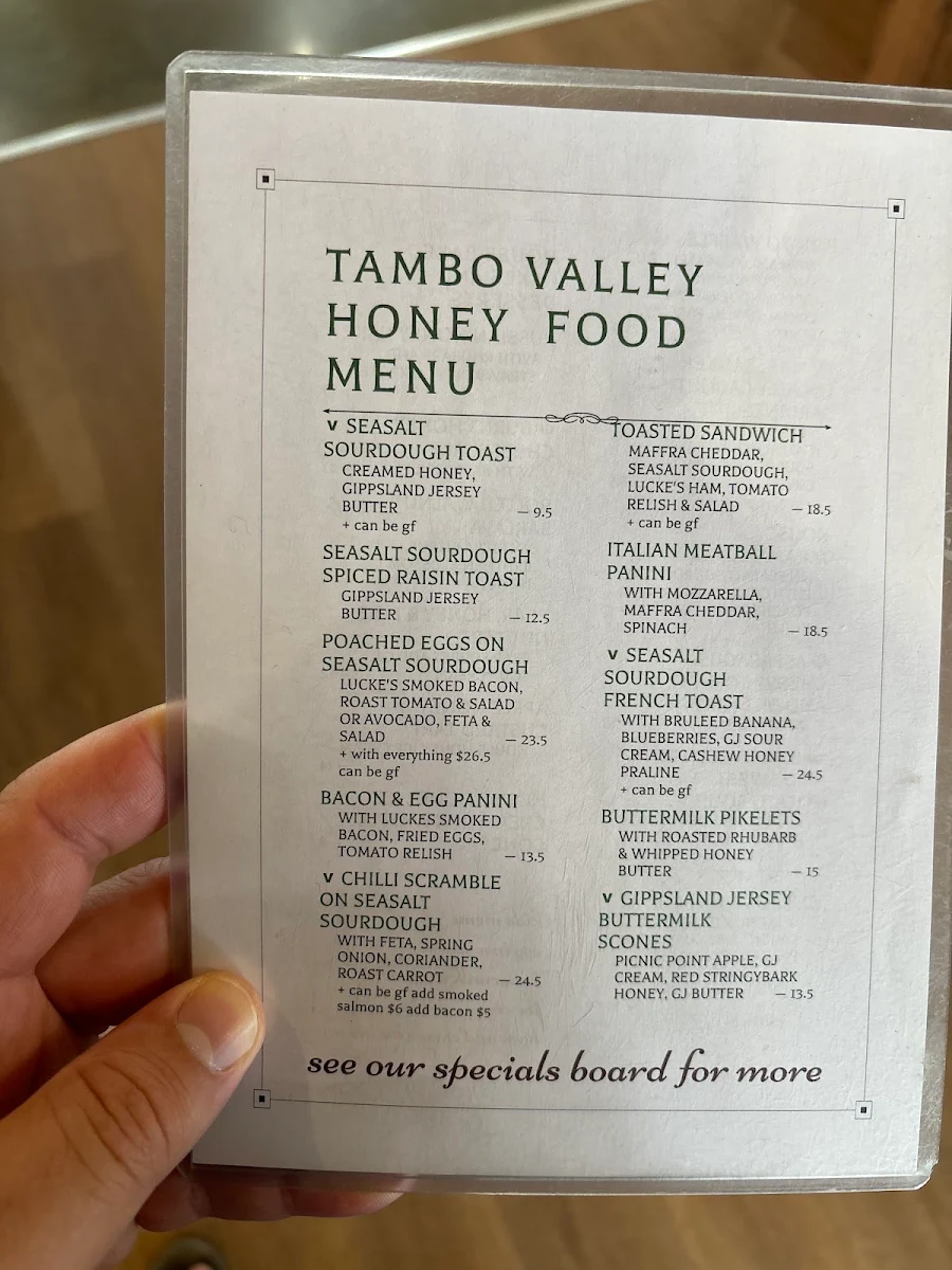 Menu, Tambo Valley Honey