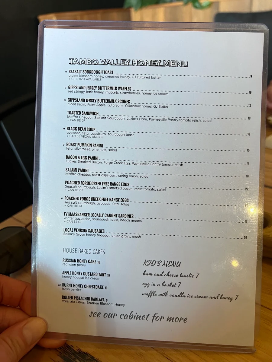 Menu, Tambo Valley Honey