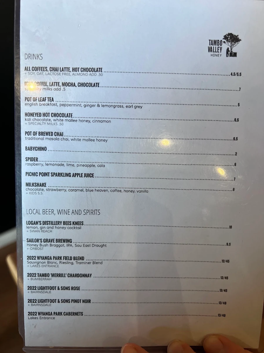 Menu, Tambo Valley Honey