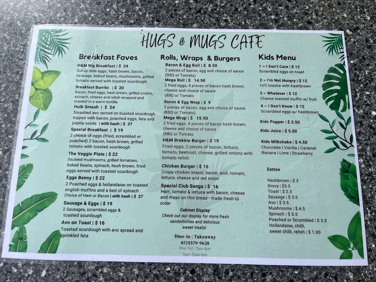 Menu, Hugs and Mugs Cafe