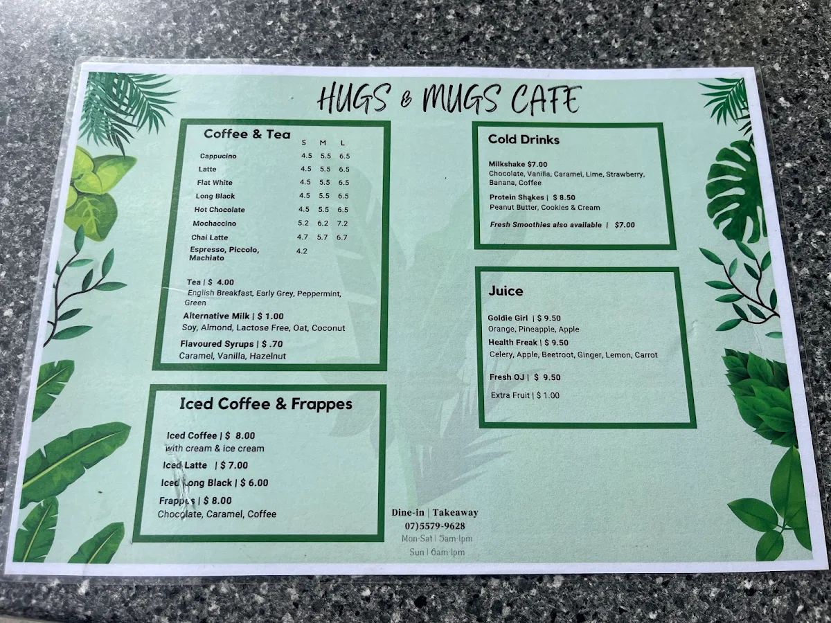 Menu, Hugs and Mugs Cafe