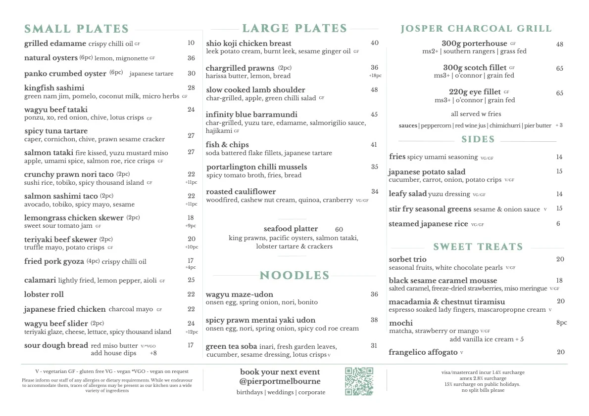 Menu, Pier Port Melbourne