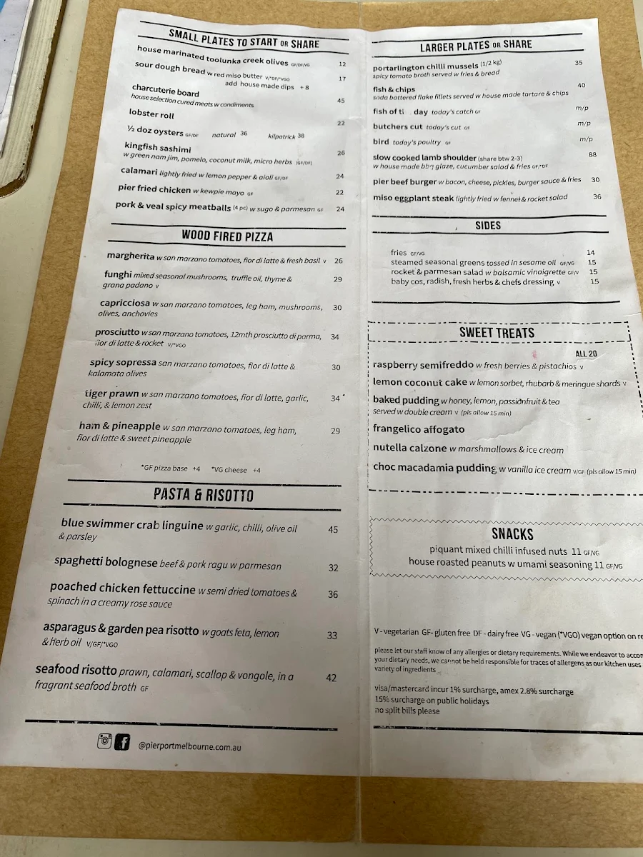 Menu, Pier Port Melbourne