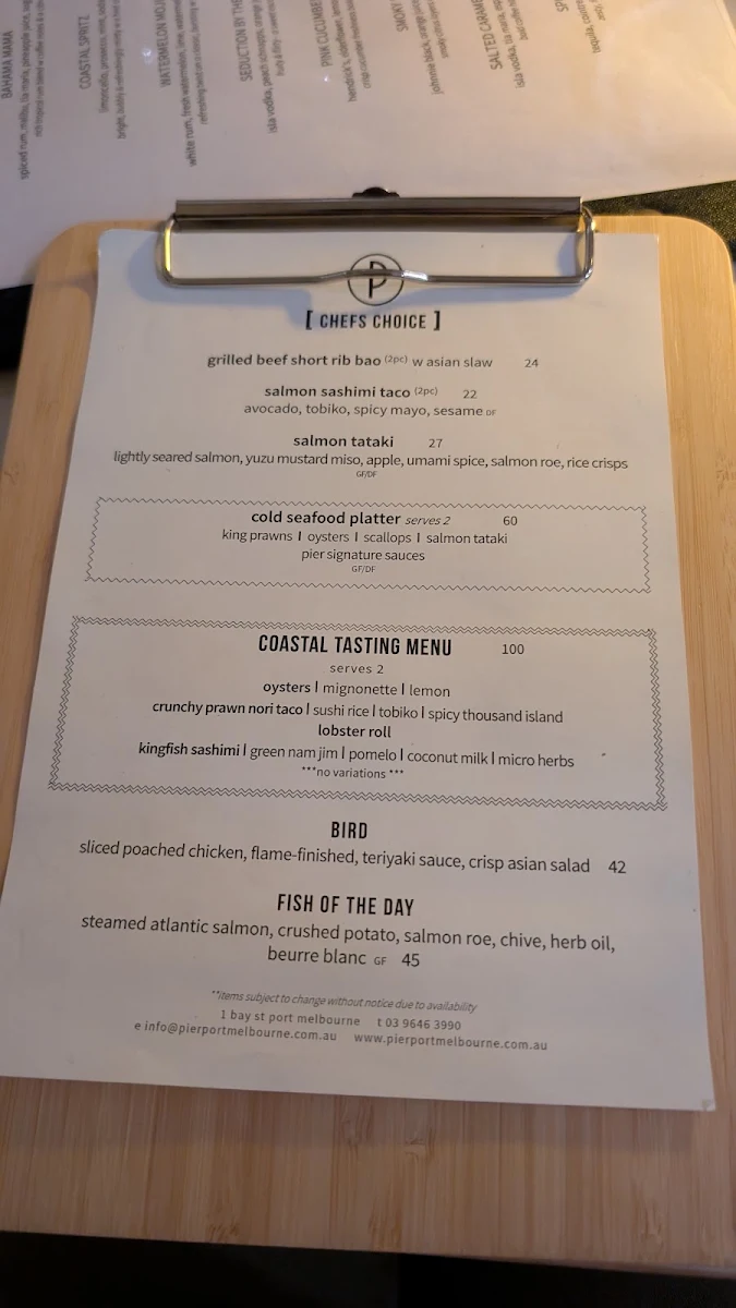 Menu, Pier Port Melbourne