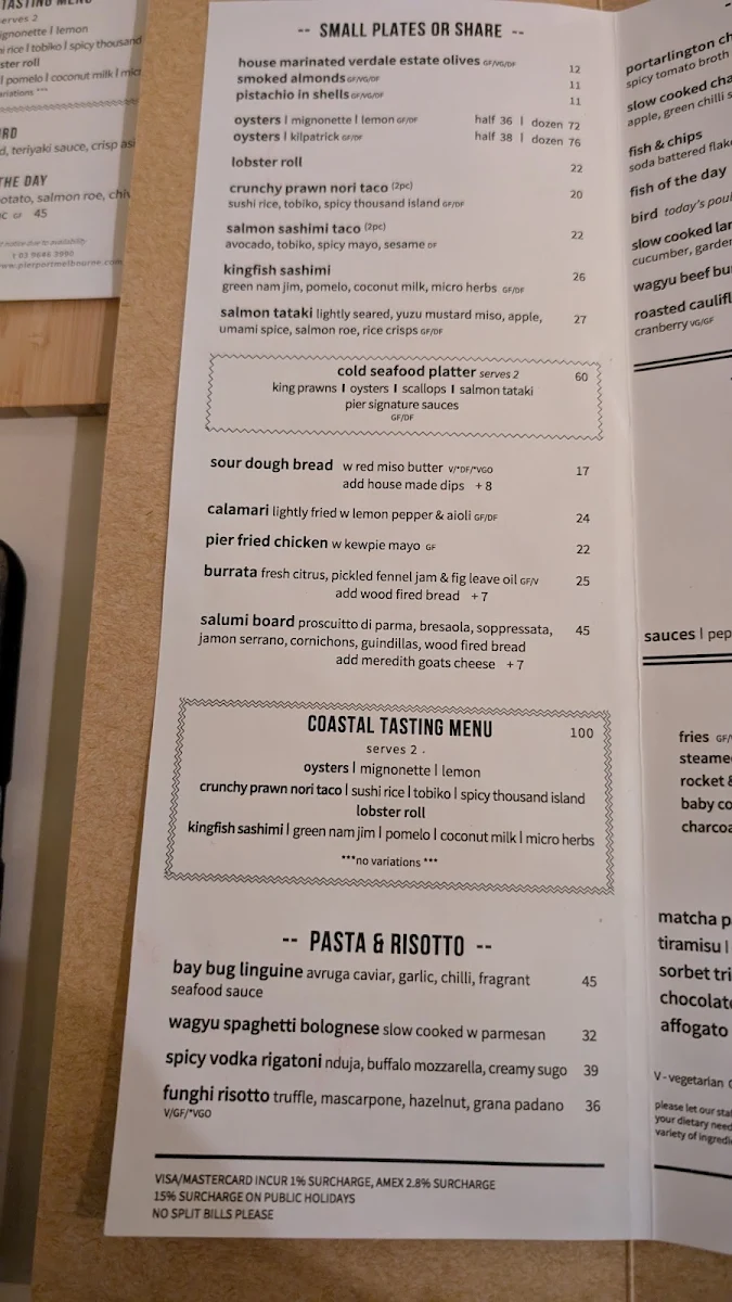 Menu, Pier Port Melbourne