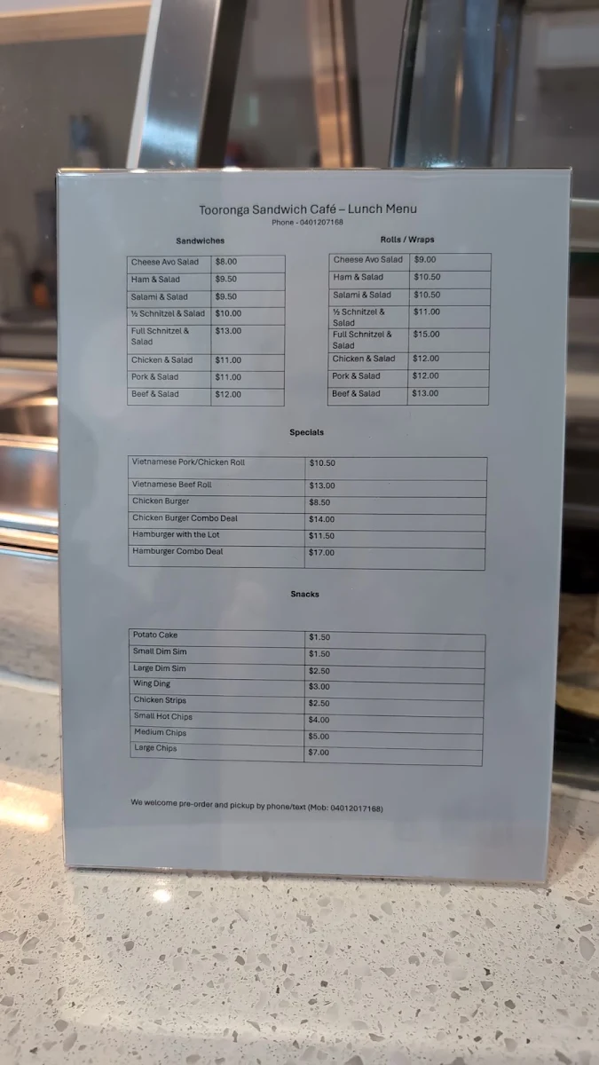 Menu, Tooronga Sandwich Cafe