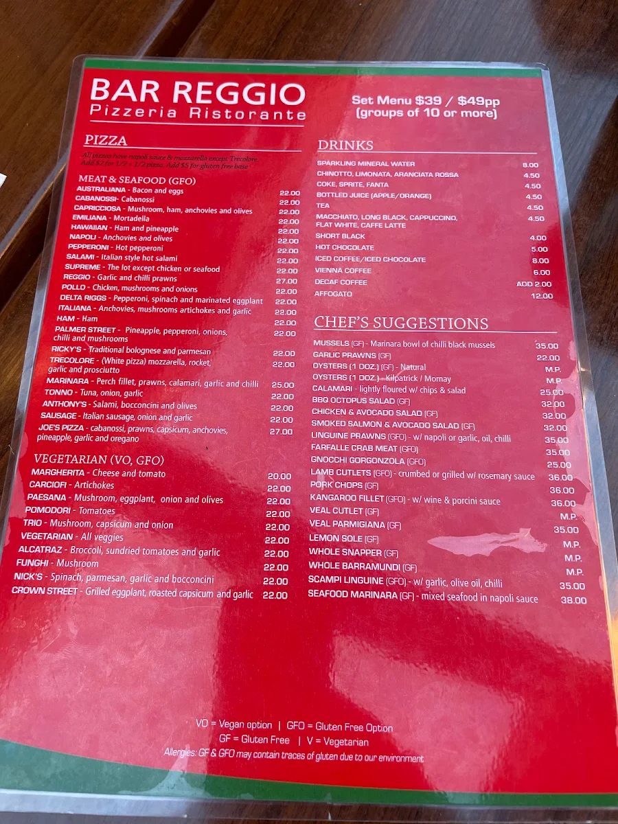 Menu, Bar Reggio